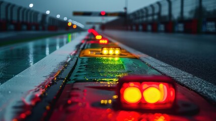 Wall Mural - a close-up view of lights on an empty f1 track, reflecting the somber atmosphere as evening settles 
