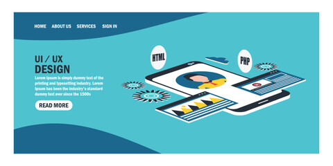 Poster - Mobile phone Isometric landing page Ui Ux design