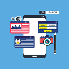 Poster - Smartphone screen. Concept of app development and Ui ux design. Designing interface for apps
