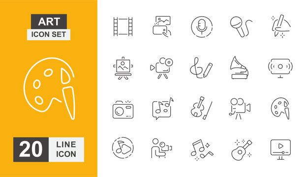 Art icon set. Painting, music, video, pencil, visual, pantbrush and more line icon.
