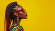 © TANZILA - An eye-catching banner set against a bright yellow background features a black woman with braided hair, wearing vibrant African clothing and red glasses.