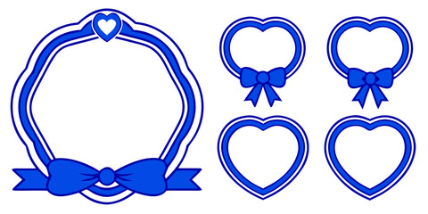 Poster - Set of delicate cobalt blue line-drawn frames with simple ribbon bows, including circle, irregular square, bell, and heart shapes, minimalist and romantic style
