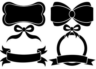 Poster - Four elegant black silhouette vector ribbon frames featuring central bows, clean sharp edges, flat minimalist design, overhead view