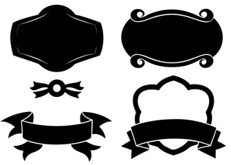 Poster - Set of four black silhouette ribbon frames with large central bows, minimalist flat vector style, including rectangular, oval, ornate curvilinear, and geometric designs