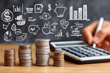 Poster - Financial Planning With Stacks of Coins and Calculator in Professional Workspace During Daytime
