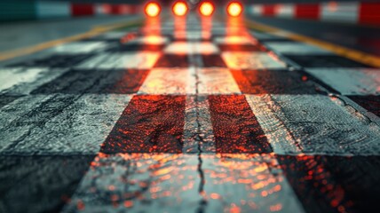 Wall Mural - captivating close-up of a finish line on an empty race track, showcasing vibrant reflections on wet 
