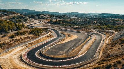 Wall Mural - this panoramic view showcases an empty f1 track layout surrounded by scenic hills and nature, highli