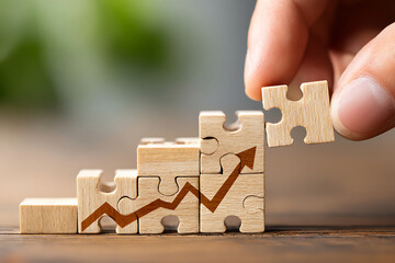 Poster - Building a Growth Strategy With Wooden Puzzle Pieces to Illustrate Progress and Success in Business