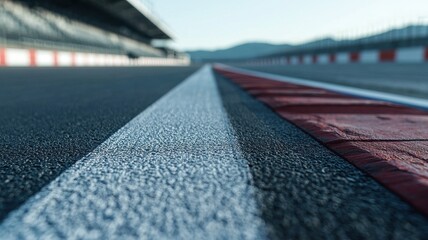 Wall Mural - a close-up view of an empty f1 track showcasing the smooth asphalt surface and white line. the image
