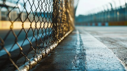 Wall Mural - a close-up view of an empty f1 track, showcasing the fencing and asphalt in the morning light. ideal