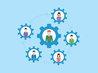 Poster - Teamwork and Collaboration Concept with Gears and People on Blue Background