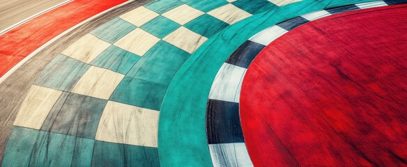 Wall Mural - colorful curved racetrack view with distinctive checkered patterns in high-speed racing environment