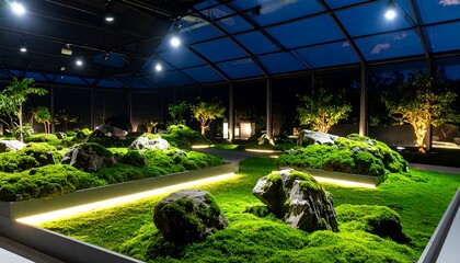 Indoor Garden with Mossy Terrain and Rock Accents in Enclosed Space