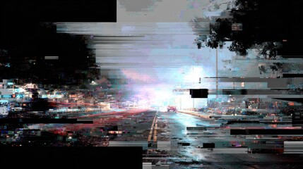 Distorted city street at night