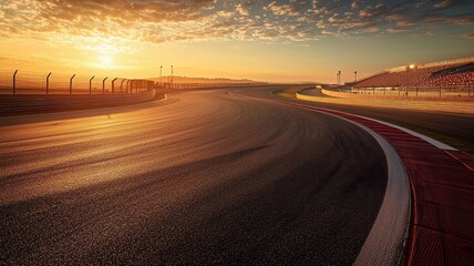Wall Mural - capture the serene beauty of an empty f1 track at sunrise, showcasing stunning light, shadows, and t