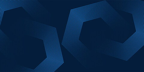 Poster - Modern abstract geometric background with dark blue tones and layered hexagonal line patterns creating a dynamic and futuristic design.