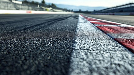 Wall Mural - a close-up shot of an empty f1 track showcasing the smooth asphalt surface and grid lines, set in a 