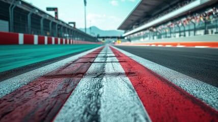 Wall Mural - this image captures an empty formula 1 track, focusing on the pit area. the vibrant colors and detai
