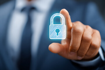 Poster - Security Professional Demonstrating Digital Lock Concept With Hand Gesture in Office Setting