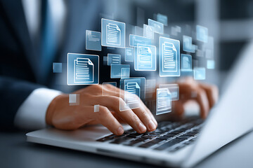 Poster - Professionals Manage Digital Documents While Working on a Laptop in a Modern Office Environment During the Day