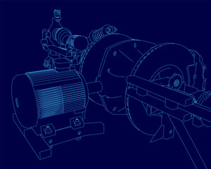 Poster - A detailed blueprint of an electric car motor with precise contour lines, highlighting internal components and mechanical design on a clean blue background.