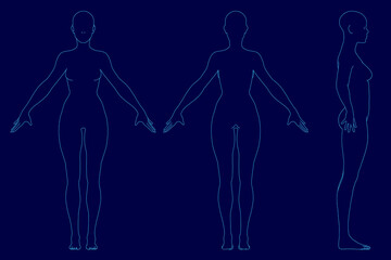 Poster - A female figure with outstretched arms stands against a blue background, featuring a low-poly contour design. The geometric outline highlights the human anatomy with clean, angular edges.