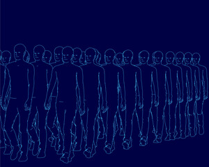 Poster - A line of people walking in silhouette against a dark blue background creates striking contrast. The minimalist composition highlights human figures in motion.