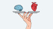 © progoz - A woman's hand holding a scale, balancing a blue brain representing logic and a red heart symbolizing emotion.