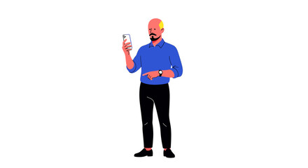 Bald man using smartphone communication technology digital device full body illustration