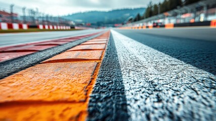 Wall Mural - this close-up shot captures an empty f1 track focusing on the vibrant grid lines, showcasing the pre