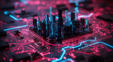 Poster - Abstract Circuit Board Cityscape with Red and Blue Lights Miniature Buildings and Technological Themes Conceptual
