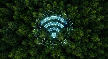 Poster - Aerial View of Lush Green Trees with a Glowing Digital Wifi Symbol in a High Tech Natural Connection Concept