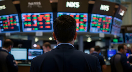 Poster - Back View of Man in Dark Suit Observing Stock Market Data on Large Screens in Busy Financial Environment