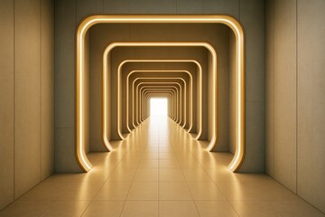 Poster - Futuristic illuminated corridor with warm lighting and symmetrical modern architecture in an empty building interior space concept design.