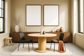 Poster - Contemporary minimal dining room interior with wooden furniture, blank wall frames, and neutral decor in natural daylight ambiance.