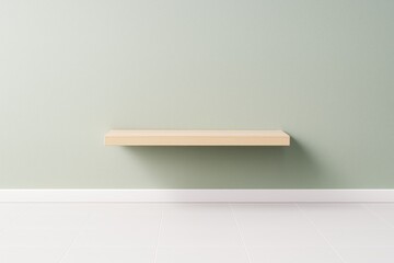 Poster - Minimal floating wooden shelf on pastel green wall in modern interior with white tile flooring and soft lighting, perfect for product mockup display.