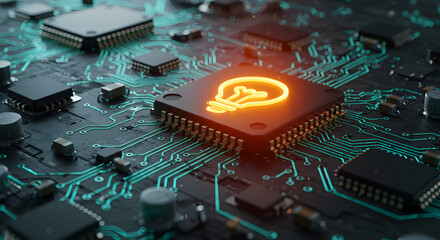 Poster - Detailed Dark Circuit Board with Light Blue Traces and Orange Light Bulb Icon Displaying Technology Innovation