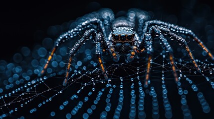 Spider on web with water droplets