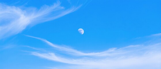 Wall Mural - Serene Scene of the Moon in the Blue Sky. A bright, white full moon hanging in the air. A few thin, wispy white clouds are scattered around the moon, some below it and some on the right side.