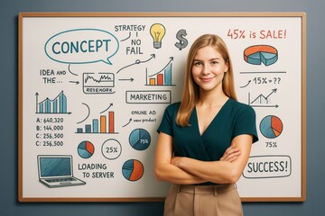Poster - Confident businesswoman standing in front of whiteboard with colorful business charts, graphs, and marketing strategy drawings in office background.