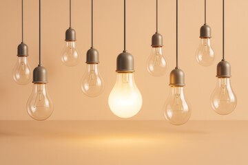 Poster - Hanging light bulbs with one glowing on beige background representing innovation and leadership concept in business and creativity.