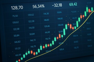 Poster - Abstract candlestick stock chart with trading data and financial indicators on dark business background with light grid lines and glowing elements.