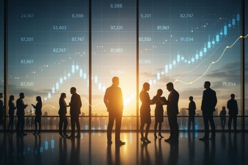 Poster - Business professionals discussing in front of large window with financial graph background during sunset in modern office light concept scene.