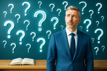 Poster - Confused businessman standing in front of glowing question marks on blue background, symbolizing uncertainty and decision-making challenges.