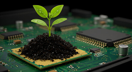 Poster - Green Seedling Growing from Microprocessor on a Vibrant Green Circuit Board Representing Technology and Sustainable