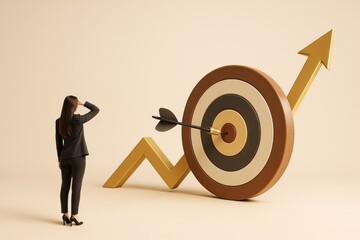 Poster - businesswoman looking at bullseye target with arrow and rising gold arrow on light background symbol
