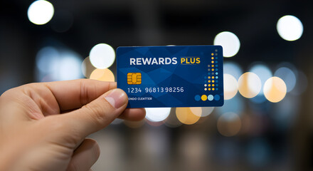 Poster - Hand Holding Blue Rewards Plus Card with Gold Accents and Blurred Bokeh Background in Horizontal Composition