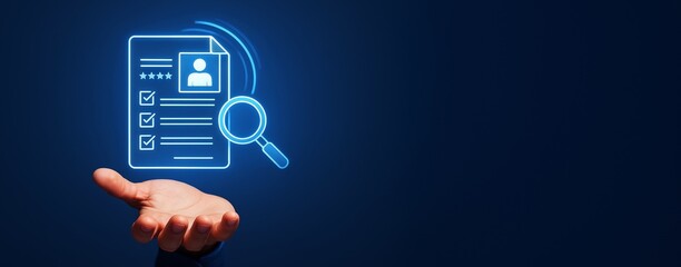 Poster - Human hand holding glowing digital resume icon with magnifying glass on dark blue background for business promotion or recruitment banner template.