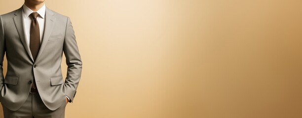 Poster - Business professional in suit standing against clean beige background with copyspace for design, advertising, or promotional template purposes.
