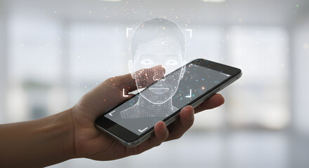 Poster - Hand Holding Smartphone Displaying Wireframe Face Recognition Graphic Overlay Against Blurred Background for Biometric